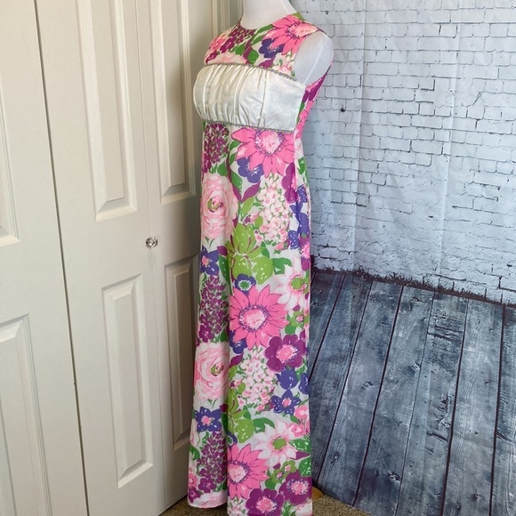 TOBY For Young Hawaii Vintage Floral Eyelet Sleeveless Maxi Dress S Luau Retro - Picture 3 of 16